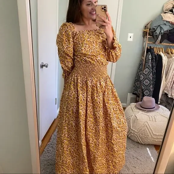 RIXO London Floral Dainty Ditsy Cottagecore Orange Maxi Dress Puff Sleeve M - Picture 9 of 16